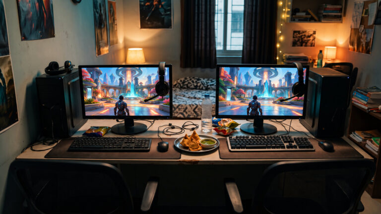 Two budget PC setups side by side showing a colourful sci fi arena game, headsets with mics, in a shared room