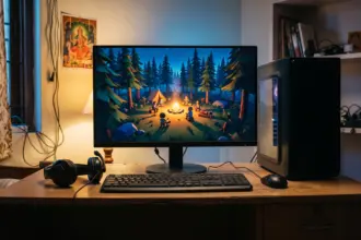 Budget desktop PC showing a forest survival scene on a bedroom desk in the evening