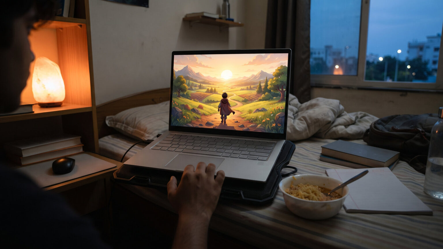 25 Best Games for Low End Laptop (2026) India Edition 11 Thin budget laptop on a cooling pad on a hostel bed showing a farm valley game, textbooks and noodles beside it