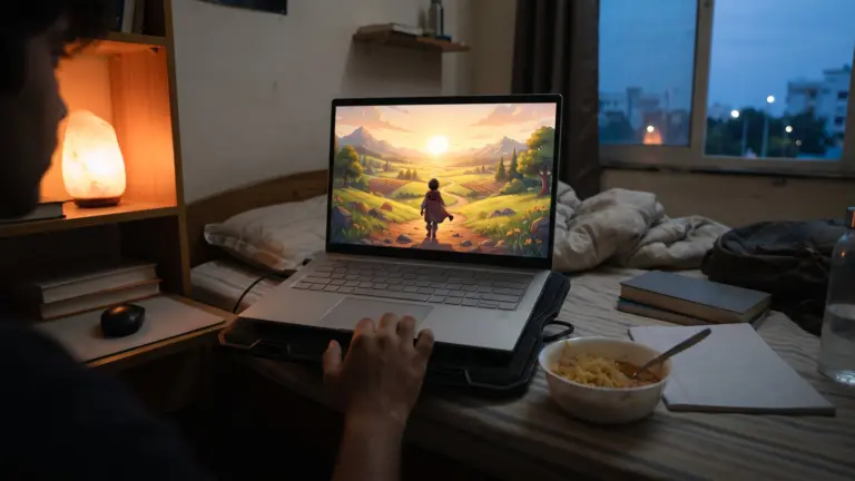 Thin budget laptop on a cooling pad on a hostel bed showing a farm valley game, textbooks and noodles beside it