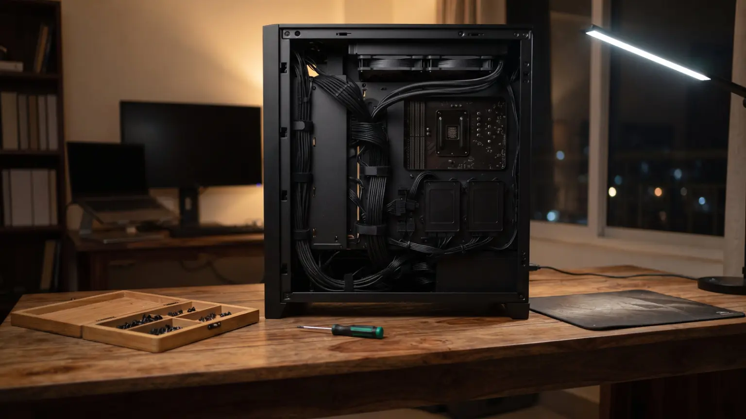 Black mid tower PC cabinet with the back panel off showing tidy cables and a radiator at the top