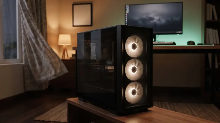 Mesh front PC cabinet with three glowing intake fans on the floor of a bedroom gaming setup