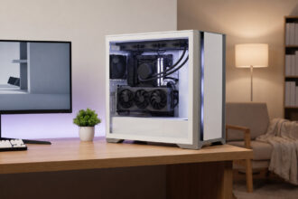 Large white glass PC cabinet showing a long graphics card and big cooler on an oak desk