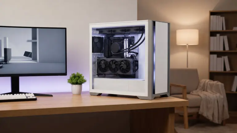 Large white glass PC cabinet showing a long graphics card and big cooler on an oak desk