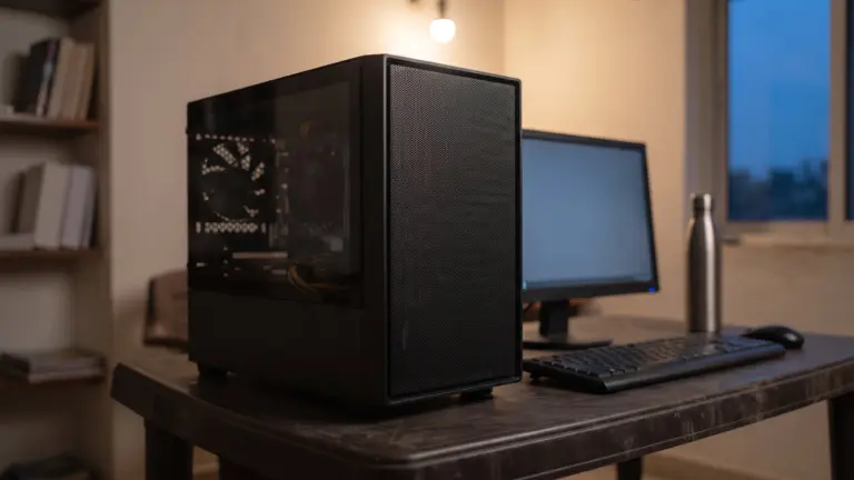 Compact black micro ATX PC cabinet with a mesh front on a plastic table beside a basic monitor
