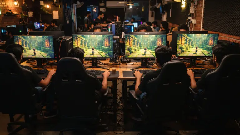 Bangalore gaming cafe with four PC stations and high backed chairs, friends seen from behind with chai