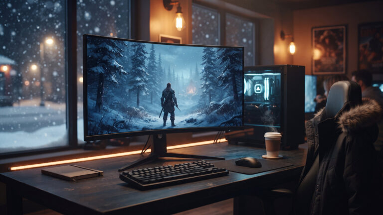 Gaming lounge station with a curved monitor by a snowy window, a parka on the chair and a hot drink