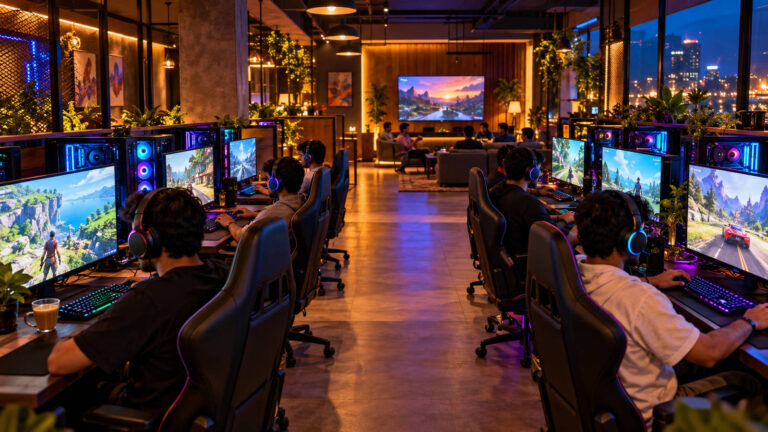 Busy Indian gaming cafe at night with rows of RGB gaming PCs and a console lounge at the far end
