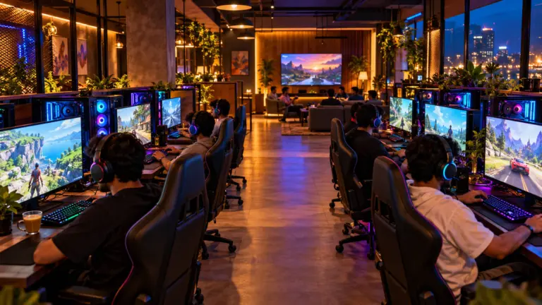 Busy Indian gaming cafe at night with rows of RGB gaming PCs and a console lounge at the far end