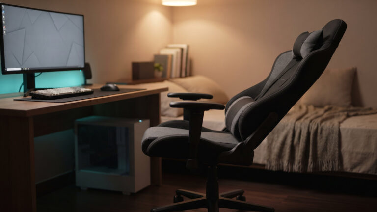 Reclined fabric gaming chair with lumbar and neck pillows in a bedroom gaming corner