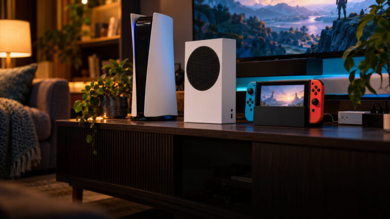Three unbranded game consoles, a white tower, a small white box and a handheld in a dock, on a living room shelf
