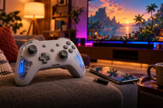 Budget grey wireless gamepad with translucent blue grips on a sofa armrest, a phone and dongle beside it