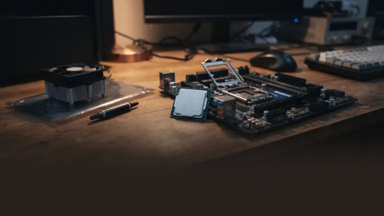 Bare desktop processor chip beside an open motherboard socket with a small stock cooler nearby