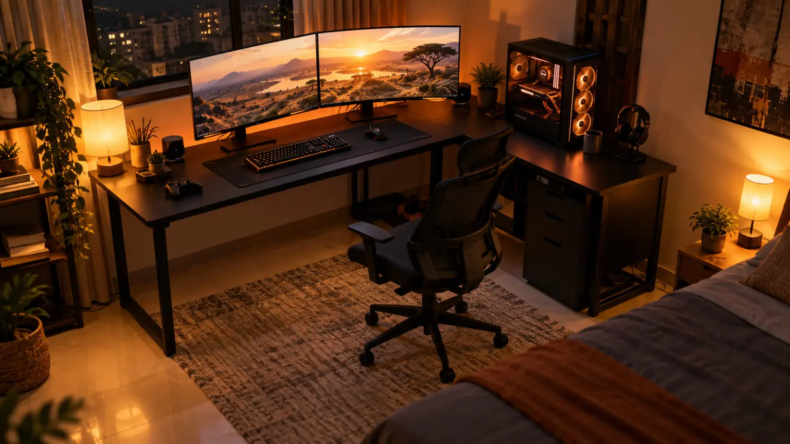 L shaped budget gaming desk with two monitors, a glowing PC and a mesh chair in an Indian bedroom at dusk
