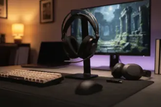 Over ear gaming headset with a boom mic on a stand, a wireless headset and dongle beside it