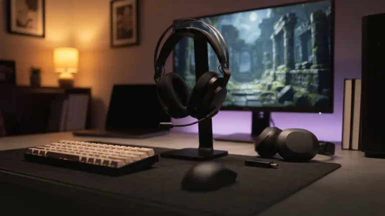 Over ear gaming headset with a boom mic on a stand, a wireless headset and dongle beside it