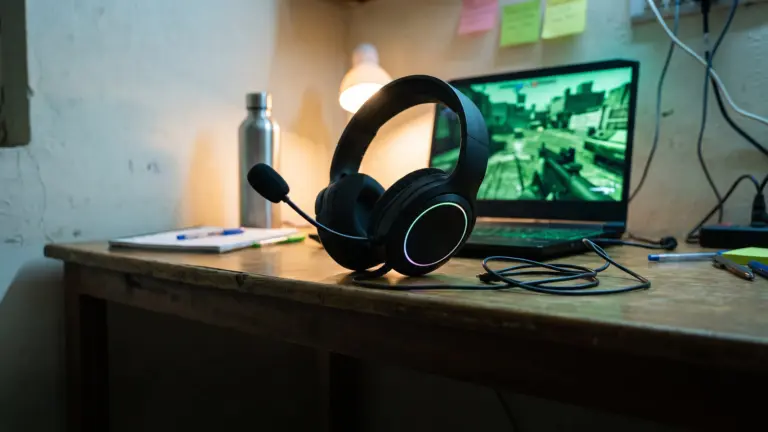 Budget wired plastic gaming headset with boom mic on a hostel study table beside a laptop at night