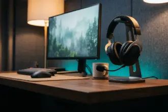 Premium aluminium gaming headset with detachable mic on a metal stand beside a monitor on a walnut desk