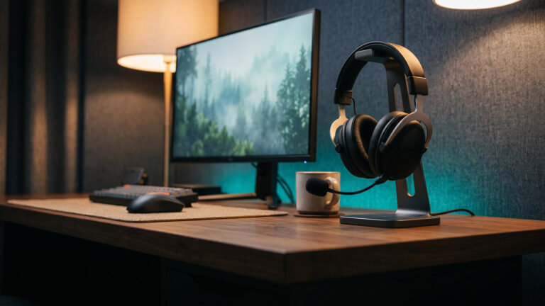 Premium aluminium gaming headset with detachable mic on a metal stand beside a monitor on a walnut desk