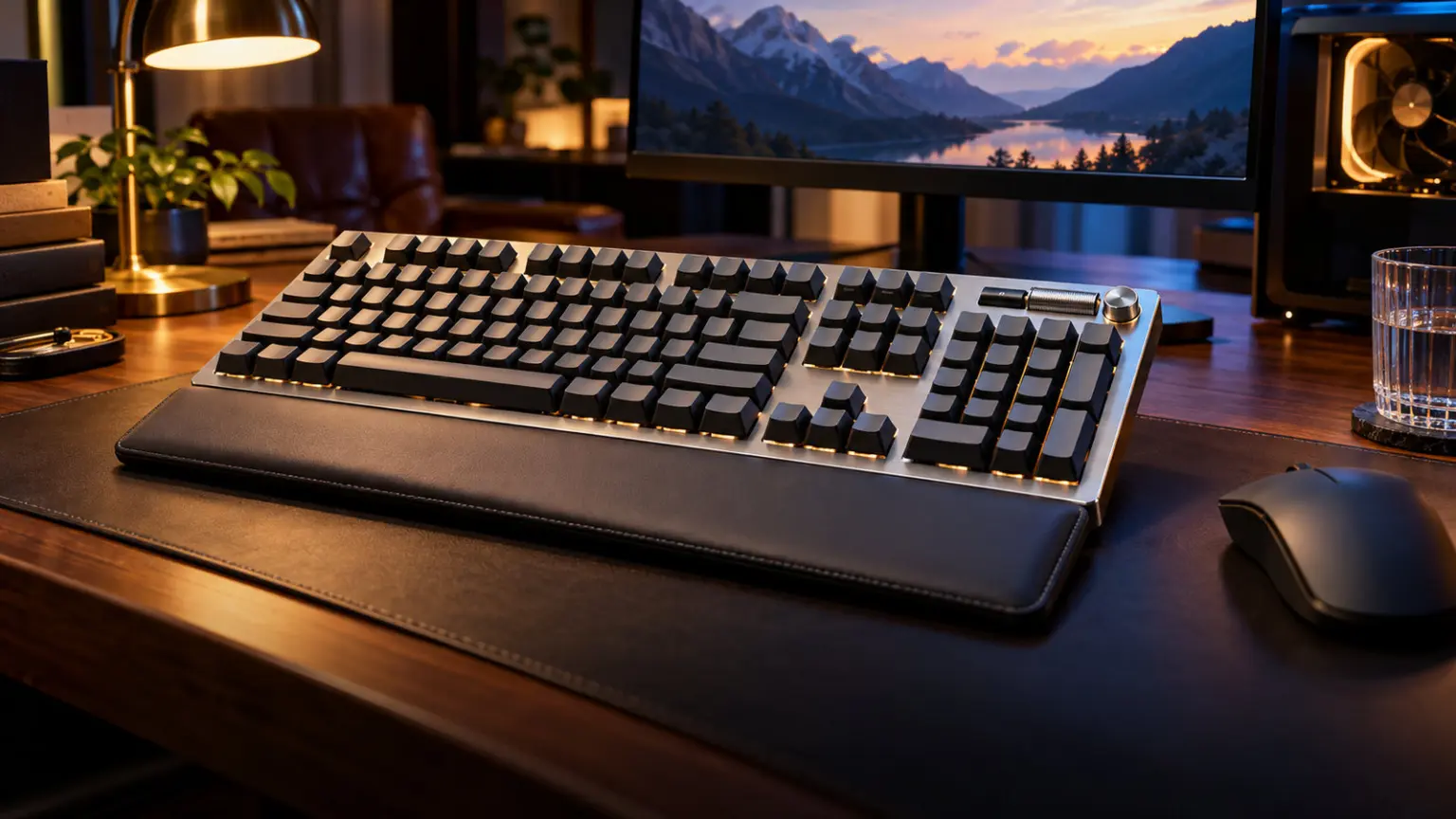 Full size aluminium mechanical keyboard with wrist rest on a walnut desk in a refined study
