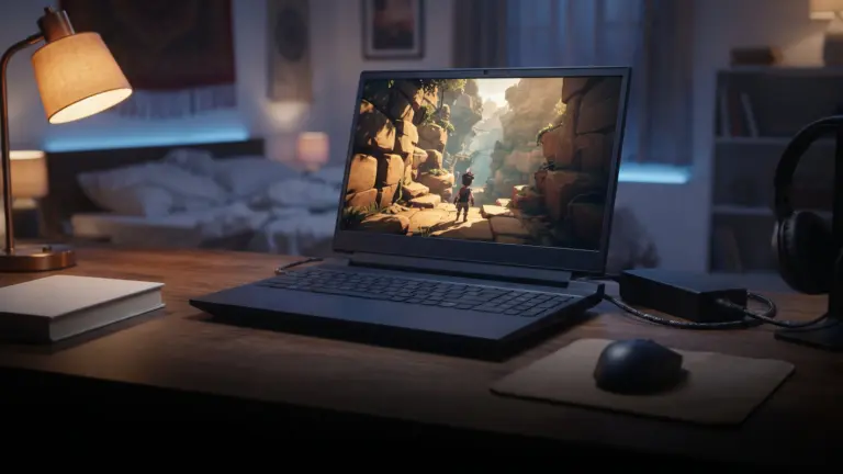 Mid range dark navy gaming laptop on a study table at night with its power brick beside it