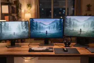 Three gaming monitors of rising size on one long desk, the middle 27 inch screen in focus