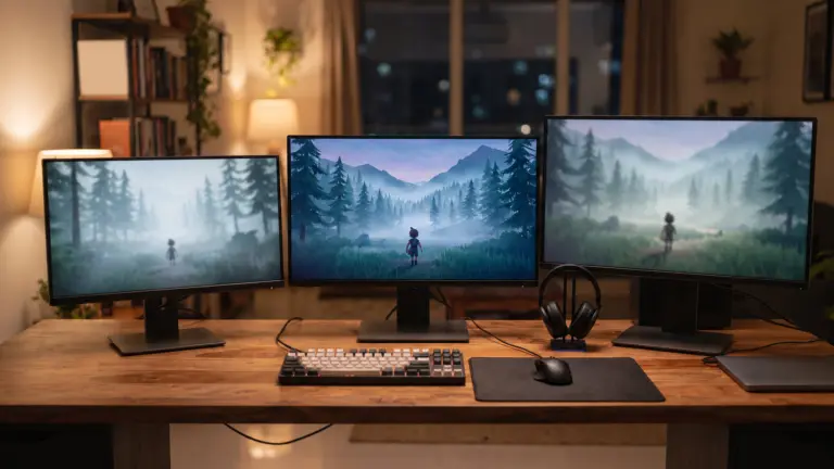 Three gaming monitors of rising size on one long desk, the middle 27 inch screen in focus