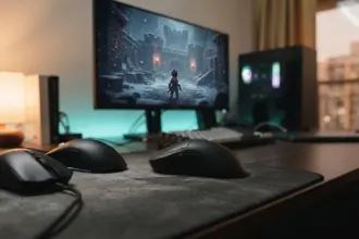 Three gaming mice in a row on a dark mousepad, a black wireless mouse in focus at a home desk