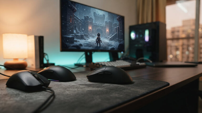 Three gaming mice in a row on a dark mousepad, a black wireless mouse in focus at a home desk
