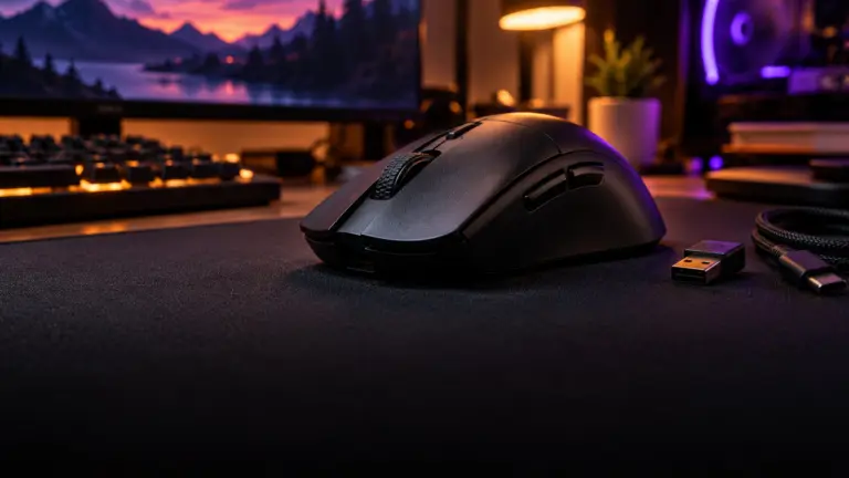Ultralight black wireless gaming mouse on a cloth mouse pad with a small USB receiver, monitor glowing behind