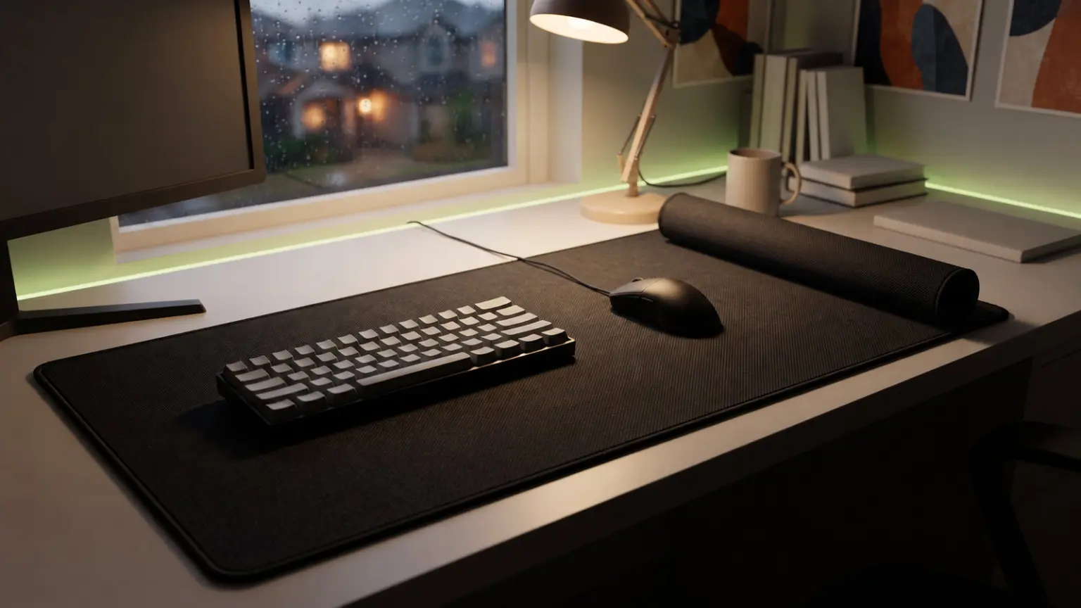 Large cloth desk mat with a stitched edge seen from above, a mouse and keyboard resting on it