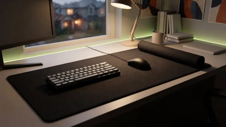 Large cloth desk mat with a stitched edge seen from above, a mouse and keyboard resting on it