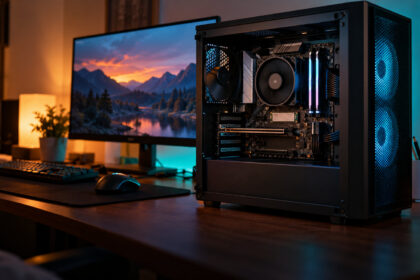 Compact assembled PC with glass side panel showing a stock cooler and an empty graphics card slot on a desk