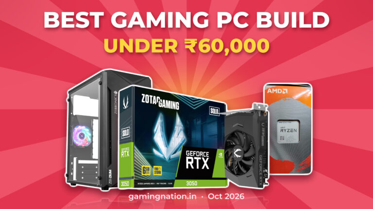 Best gaming PC build under 60000: Zotac RTX 3050 6GB, Ryzen 5 3500 and Zebronics Zium cabinet on a GamingNation banner