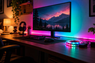 LED light strip glowing magenta and teal behind a desk and monitor in a small bedroom gaming corner at night