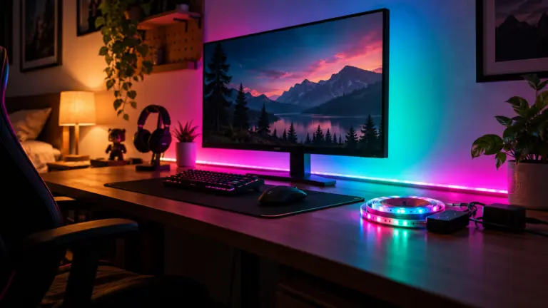 LED light strip glowing magenta and teal behind a desk and monitor in a small bedroom gaming corner at night