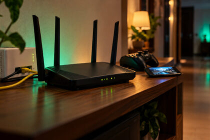 Black four antenna home router with green status lights and a yellow ethernet cable on a shelf at night