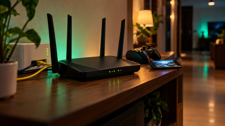 Black four antenna home router with green status lights and a yellow ethernet cable on a shelf at night