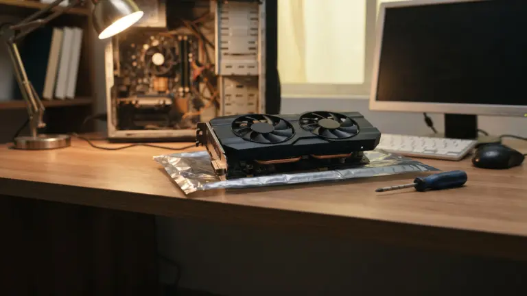 Older dual fan graphics card on an anti static bag beside an open budget PC tower