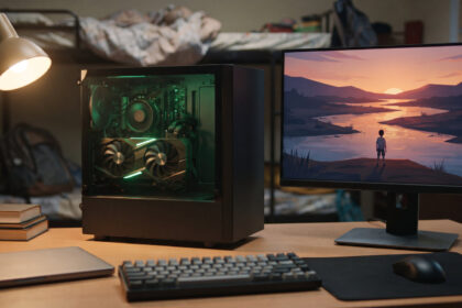 Dual fan graphics card glowing inside a glass side PC case beside a monitor on a hostel desk