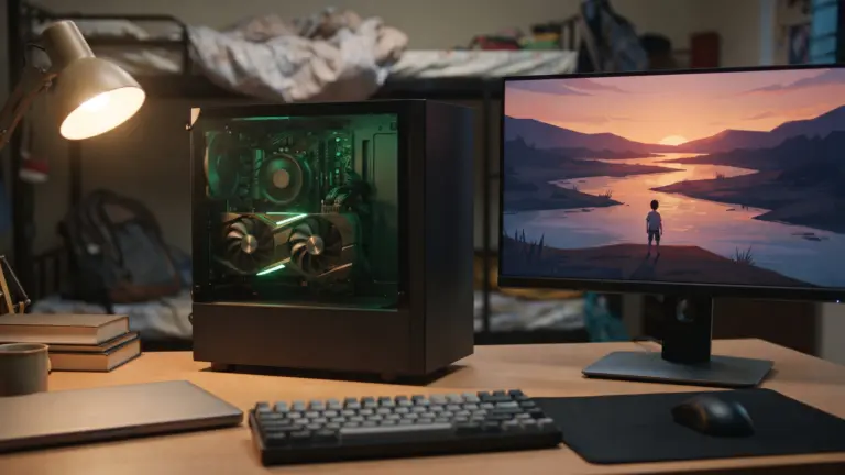 Dual fan graphics card glowing inside a glass side PC case beside a monitor on a hostel desk