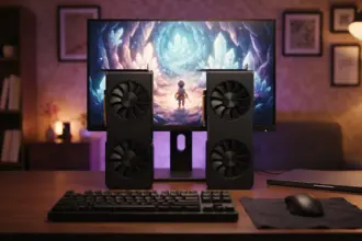 Two rival graphics cards, one black and one silver, standing side by side in front of a monitor