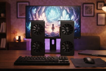 Two rival graphics cards, one black and one silver, standing side by side in front of a monitor