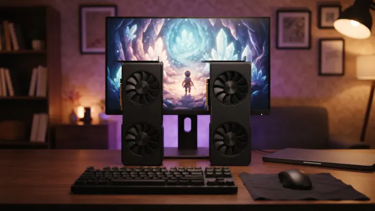 Two rival graphics cards, one black and one silver, standing side by side in front of a monitor