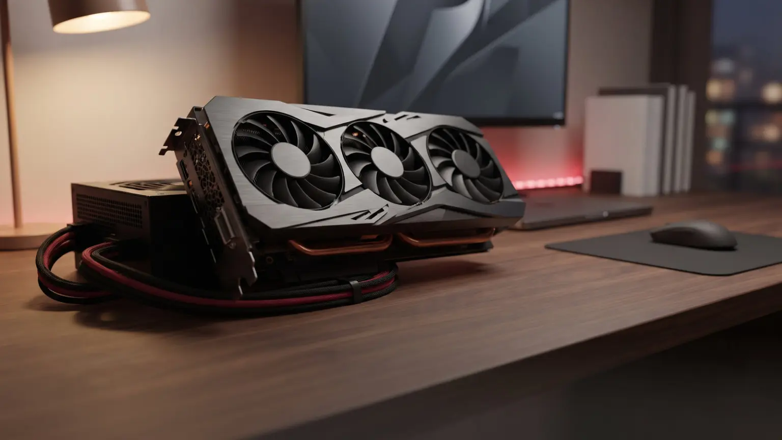 Large triple fan graphics card beside a modular power supply and braided cables on a walnut desk