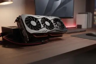 Large triple fan graphics card beside a modular power supply and braided cables on a walnut desk
