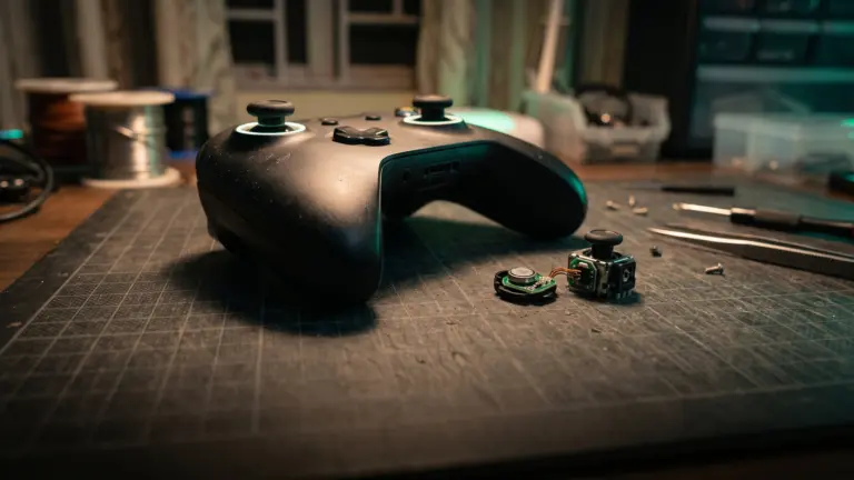 Macro of a gamepad thumbstick beside an opened stick module with a small magnet on a repair mat