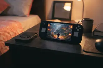 Widescreen PC handheld and a small retro handheld resting on a bedside table at night
