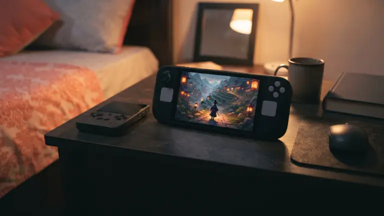 Widescreen PC handheld and a small retro handheld resting on a bedside table at night