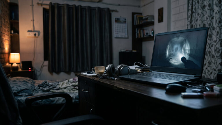 Laptop showing a foggy horror corridor in a dark bedroom late at night with headphones beside it
